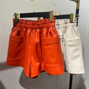 Dames shorts vrouwen kleding mode feminino echt lederen witte casual shorts mujer grote zakken elastische taille sexy mini buitbroek 230516