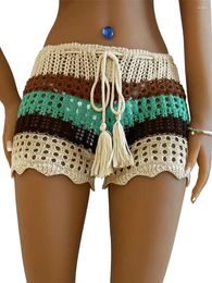 Shorts pour femmes Les femmes crochet creux de sarongs de contraste de contraste de contraste à travers la plage en tricot de plage d'été Bottoms