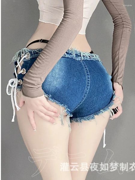 Pantalones cortos para mujeres Denim Sexy Seductor uniforme de coqueteo encaje up de tasel hueco pliegues atrevidos jeans de verano tentación mupy