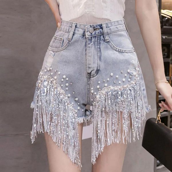 Shorts pour femmes Femmes Embelli Peal Paillettes Glands Évasés Casual Denim Taille Haute Mini Une Ligne Jean Pantalon Court Confortable Cortos