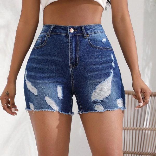 Shorts pour femmes Femmes Mode Ripped Taille haute Denim Roulé Soft Slim Fit Rasé Edge Stretch avec des trous