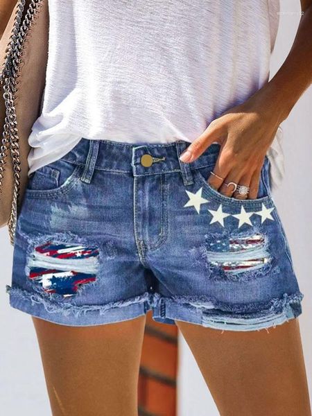 Pantalones cortos para mujeres de mujer Rolled Rolled American Flag Star Frayed Denim Hole Summer Casual Pocket Jeans Damas Pantalones