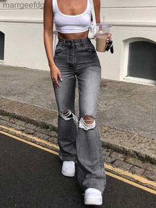 Shorts Femmes Femmes Flare Stretch Ripped Jeans Mode Skinny Bell Bottom Taille Haute Gris Trou Denim Pantalon Lady Classique Y2K Punk Long Pantalon 240329