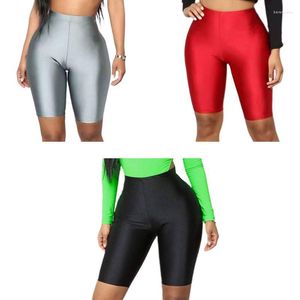 Pantalones cortos para mujer Mujeres cintura alta brillante fluorescente fitness medias medias brillo sedoso deporte yoga ciclismo pantalones recortados noche clubwear