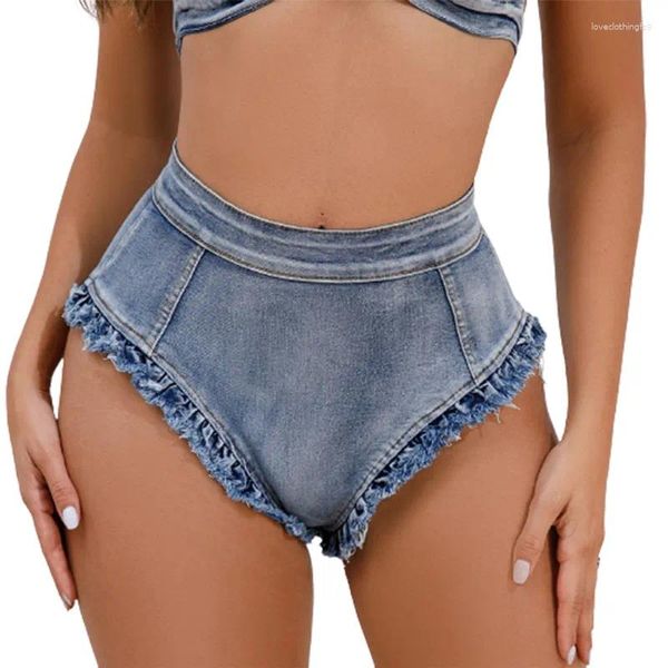 Shorts Femmes Femmes Taille Haute Triangle Denim Gland Décoration Serré Stretch Trois Quarts Pantalon Sexy Bar Discothèque Scène Breechcloth