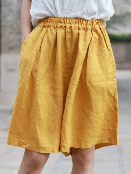 Pantalones cortos para mujeres para mujeres Lino de algodón suelto Damas cintura elástica Color sólido 2023 Verano