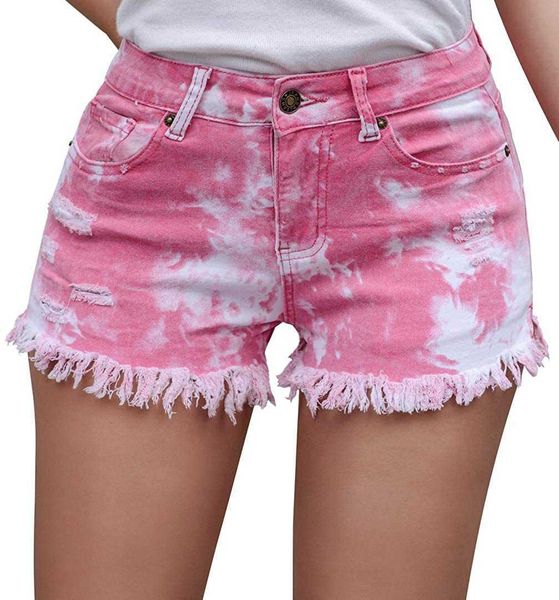 Shorts pour femme femmes taille moyenne léger lavé cravate teint gland trou Denim Shorts femme découpé Super Shorts discothèque Z0505