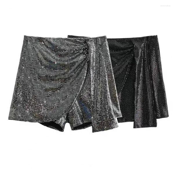 Shorts pour femmes Polyester Sparkling Sequin High Taist A-Line Mini culottes pour la fête Performance plage irrégulière au-dessus du genou
