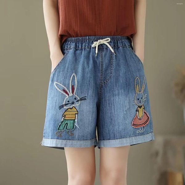 Shorts pour femmes femmes imprimé denim été national vent broderie pente mince lâche vieille taille cinq points pantalon harajuku