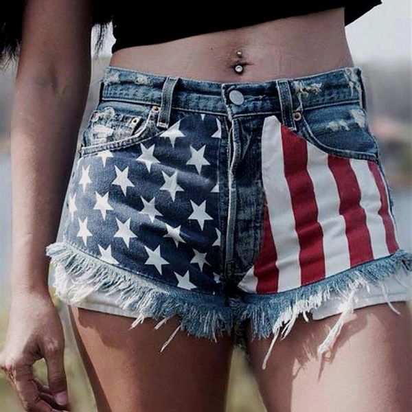 Shorts pour femmes Jour de l'Indépendance Femmes Déchiré Drapeau Américain Imprimé Denim Taille Haute Ourlet Effiloché Jeans Décontractés