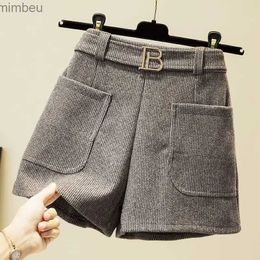 Damesshorts Effen elastische taille, zakken, sjerpen, lovertjes, wijde pijpen, broeken herfst winter nieuw Koreaans los hoog gewacht alle match shortsL240119