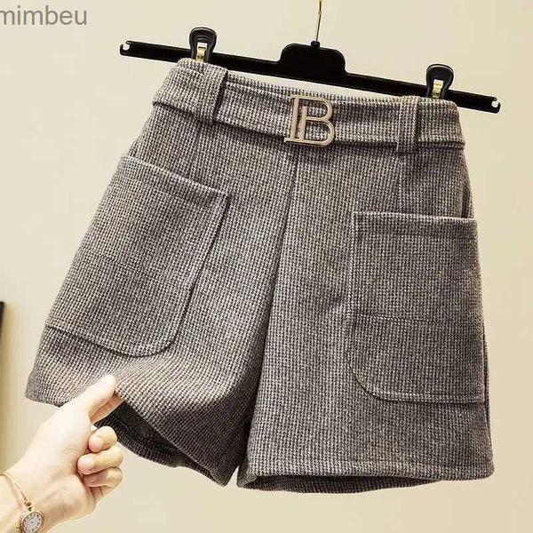 Shorts pour femme Femmes solide taille élastique poches ceintures paillettes pantalons à jambes larges automne hiver nouveau coréen ample haute attendu tous les ShortsL240119