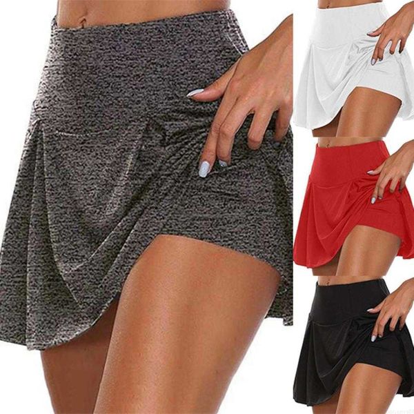 Femmes Shorts Femmes Couleur Unie Taille Haute Double Couche Faux Deux Pièces Sport Jupe Courte Pour Yoga Danse Sport Leggings Shorts Sexy Mini Jupe