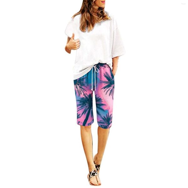 Pantalones cortos para mujer, pantalones cortos de cintura alta con estampado hawaiano de verano para mujer, pantalones cortos holgados para deporte en la playa, pantalones de cinco puntos para correr