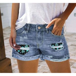 Dames shorts vrouwen zomer bladeren gat patch gerolde jeans mode magere streetwear denim met zakken