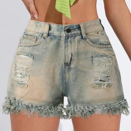 Shorts femme été déchiré Denim taille haute bord frangé pantalon ligne A