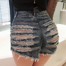 Dames shorts dames zomer gescheurde gat hollow jeans hoge taille sexy kwastjes knop slank denim broek femme pantalones mujer verano