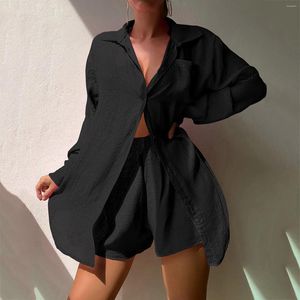 Shorts pour femmes Femmes Beach Holiday Chemise en lin Costume Sexy Loose Sun Mode Casual Maillot de bain Cover Up Deux pièces Ensemble Tenues d'été