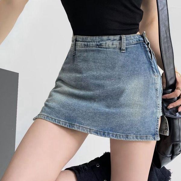 Pantalones cortos para mujer Faldas de mezclilla para mujer Botón con cremallera Corte lateral Falda corta de jeans Pantalones de calle Pantalones 2023 Parte inferior 291