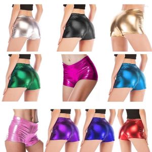 Damesshorts Dames glitter metallic PU lederen buit elastische taille effen kleur broek met strakke pasvorm