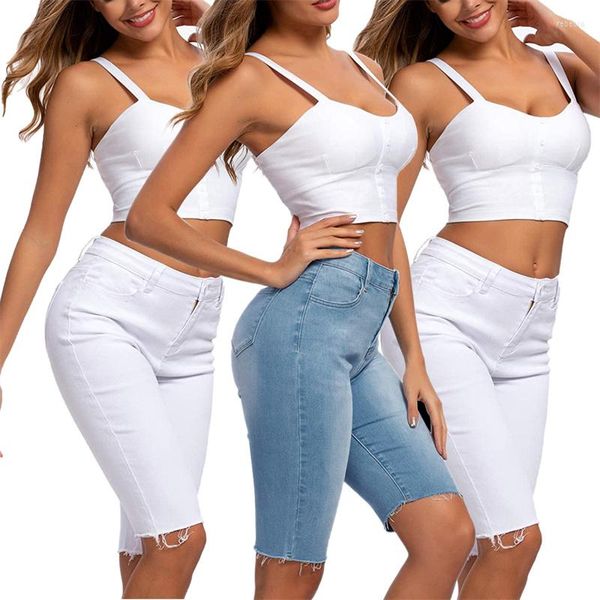 Pantalones cortos de mujer para mujer de verano de mezclilla de cintura alta ajustados largos blancos y azules para mujer pantalones vaqueros ajustados informales hasta la rodilla