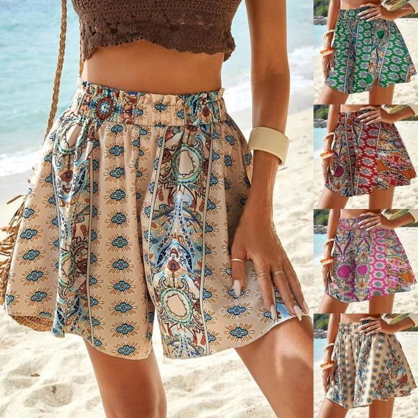 Pantalones cortos de mujer para mujer verano estampado suelto cintura alta elástico casual lindo playa corto