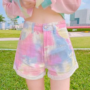 Shorts voor dames xpqbb roze dye print zomer vrouw Koreaanse knop hoge taille denim vrouwen mode streetwear korte broek 2022 y2302