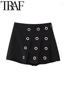 Pantalones cortos para mujer Y2K, faldas asimétricas negras para mujer, faldas plisadas con ojales y cremallera, pantalones cortos de cintura alta para mujer, otoño 2023