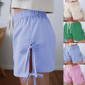 Dames shorts y2k retro geruite losse zijde tie hoge taille casual zomer pyjama pyjama plaid mode meisje straat broek