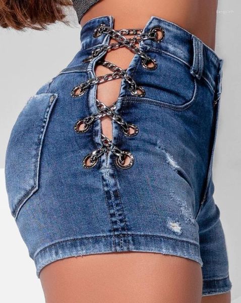 Pantalones cortos de mujer Y2K Sexy Denim de mujer 2023 Summer Babes Grommet Eyelet Chain Lace Up Ripped Streetwear Skinny Mini Jeans
