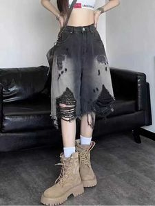 Shorts pour femmes Y2K été femmes Vintage Streetwear noir déchiré Denim Shorts taille haute genou longueur jambe large Baggy pantalons courts Harajuku vêtements Z0505