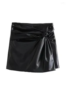 Shorts Femmes Yenkye Mode Femmes Noeud Avant Faux Cuir Jupes Vintage Taille Haute Fermeture À Glissière Latérale Dames Pantalon Court Noir