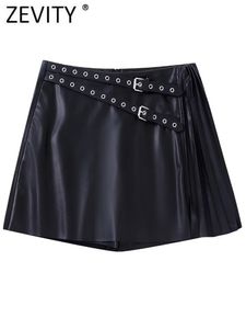 Shorts pour femmes ZEVITY Femmes Vintage Ceinture Design PU Cuir Mini Shorts Plissés Jupes Femme Culottes Shorts Chic Pantalone Cortos P2596 230413