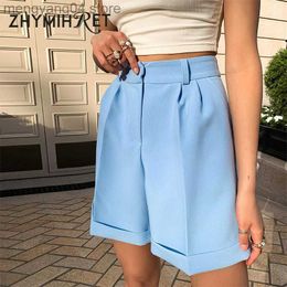 Shorts voor dames Zhymihret Blue Elegant High Taille Suit shorts Women 2023 Zomer Casual vaste breedbeen Bermuda shorts met zakken T230603