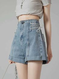 Dames shorts Zoki Fashion Lace Up Denim Shorts Women Swt High Taille Preppy Style Jeans Shorts Summer Casual Design Cute Korean Shorts Nieuwe Y240420