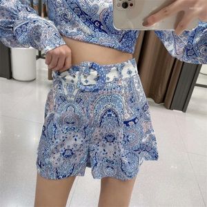 Dames shorts ZXQJ Women 2023 mode met riem bedrukte papieren tas vintage hoge elastische taille vrouwelijke korte broek mujer