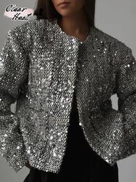 Veste courte brillante à paillettes argentées pour femmes Veste à manches longues à col rond argent 2024 vêtements de rue uniques pour femmes Wram Coats 240123