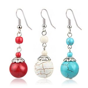 Dames Simple Sferical Tibetan Silver Turquoise Dangle Kroonluchter Oorbellen Mode Gift Nationale Stijl Dames DIY Oorbel