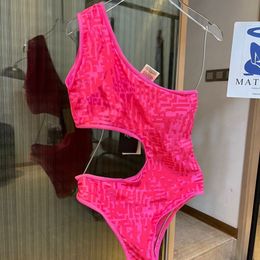 Maillot de bain une pièce sexy, asymétrique épaule dénudée, taille rembourrée, ajouré, lettre imprimée, couleur rose, costume de bain SMLXL