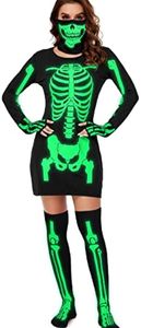 Costume d'Halloween squelette pour femme qui brille dans la nuit, robe squelette avec gants, chaussettes hautes, ensemble de couverture faciale tête de mort