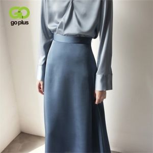 Jupe Femme Style Coréen A-ligne Satin Bleu Noir Taille Haute Cheville Longueur Femme Jupes Mujer faldas Femme Jupes Saias Mulher 210621