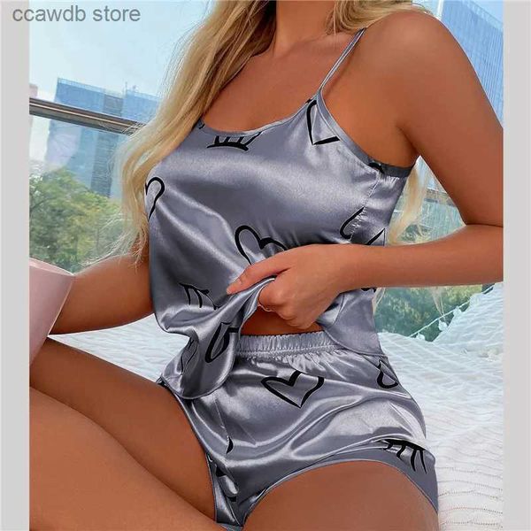 Sleep Sleep Lounge 2022 New Fashion Sexy Sexy Floral Pyjama Set Women's 2 Pieces Sleepwear Pyjamas Silk Satin Cami Top and Shorts Pyjamas For Women Love T231106