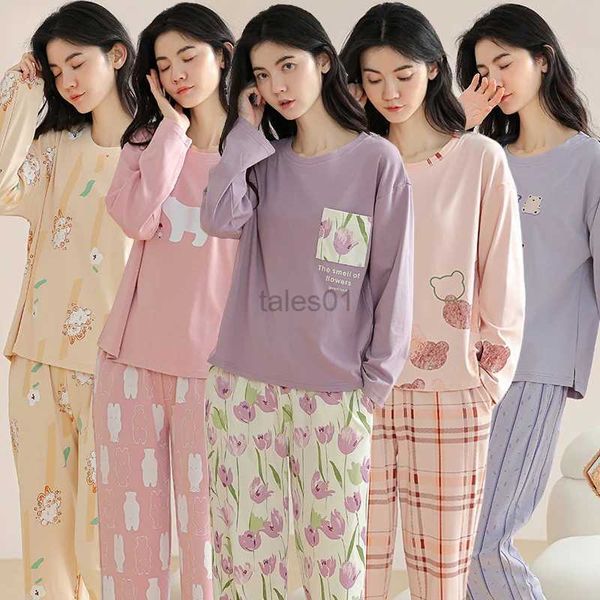 Women's Sleep Lounge 2023 nouveau automne grande taille à manches longues 100% coton imprimé pyjama ensembles pour femmes coréen mignon vêtements de nuit pyjama Homewear vêtements de maison zln231116