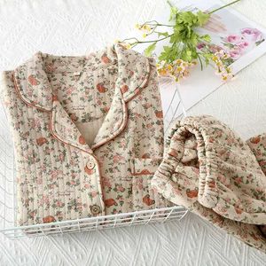 Dames Slaap Lounge 2023 Nieuwe Dames Pyjama Pak Dik Warm Vest Winter Pyjama Sets Lange Mouw Bloemenprint Thuis Kleding Nachtkleding zln231115