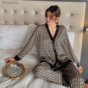 Women's Sleep Lounge Conjunto de pijamas de 2 uds para mujer, conjunto de pijama de seda satinada con cuello en V, traje de diseñador de lujo para mujer, ropa de hogar de manga larga, ropa de dormir de seda SetL240122