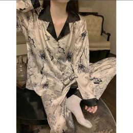 Dames slaap lounge esthetiek kunstprint gesimuleerde zijden dames pyjama's 2024 nieuwe lente mode vrouwelijke thuislounges stijlvolle pant met lange mouwen huiskleding