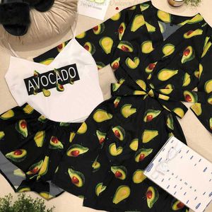 Dames slaap lounge avocado print pjama's set mode satijn gewaad