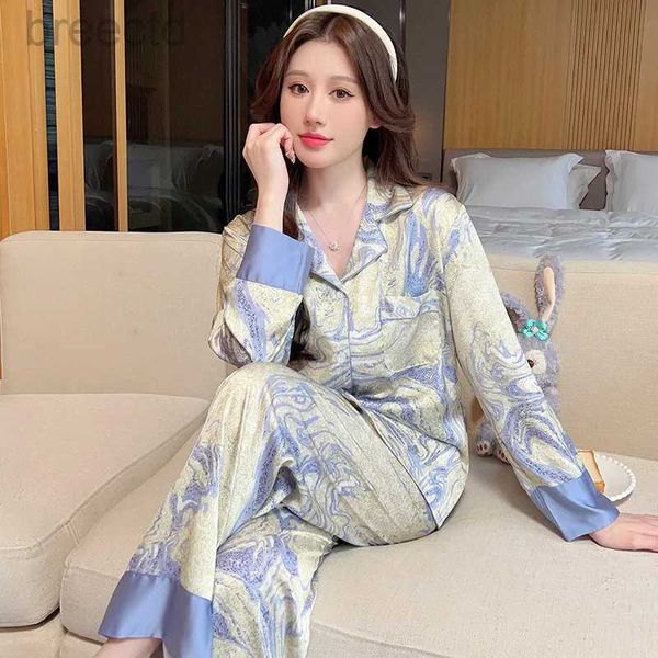 Mujer para el sueño para mujeres Traje de belleza para el hogar Primavera/verano Nuevo pijama de dos piezas para mujeres Pigiami Donna Satin Silk Long Sleepwearwear Women D240419