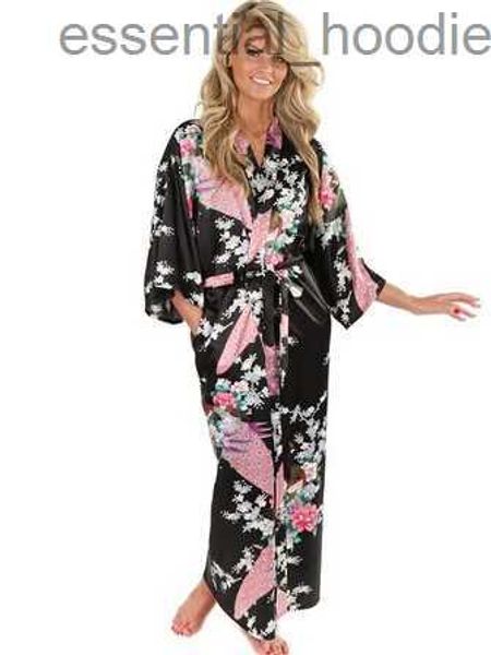 Salón para dormir para mujer Nuevo vestido de kimono de seda negro para mujer Camisón largo y sexy Vestido de noche estampado vintage Flor de talla grande S M L XL XXL XXXL A-045 L231129