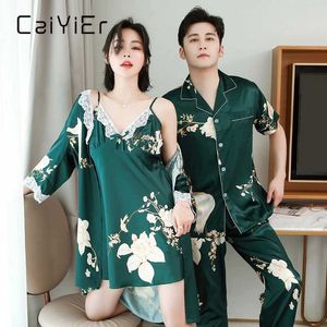 Women's Sleep Lounge CAIYIER 2020 amoureux soie pyjamas ensemble fleur dentelle Sexy Robe + chemise de nuit femmes hommes vêtements de nuit costume mode couleurs fête Homewear zln231116